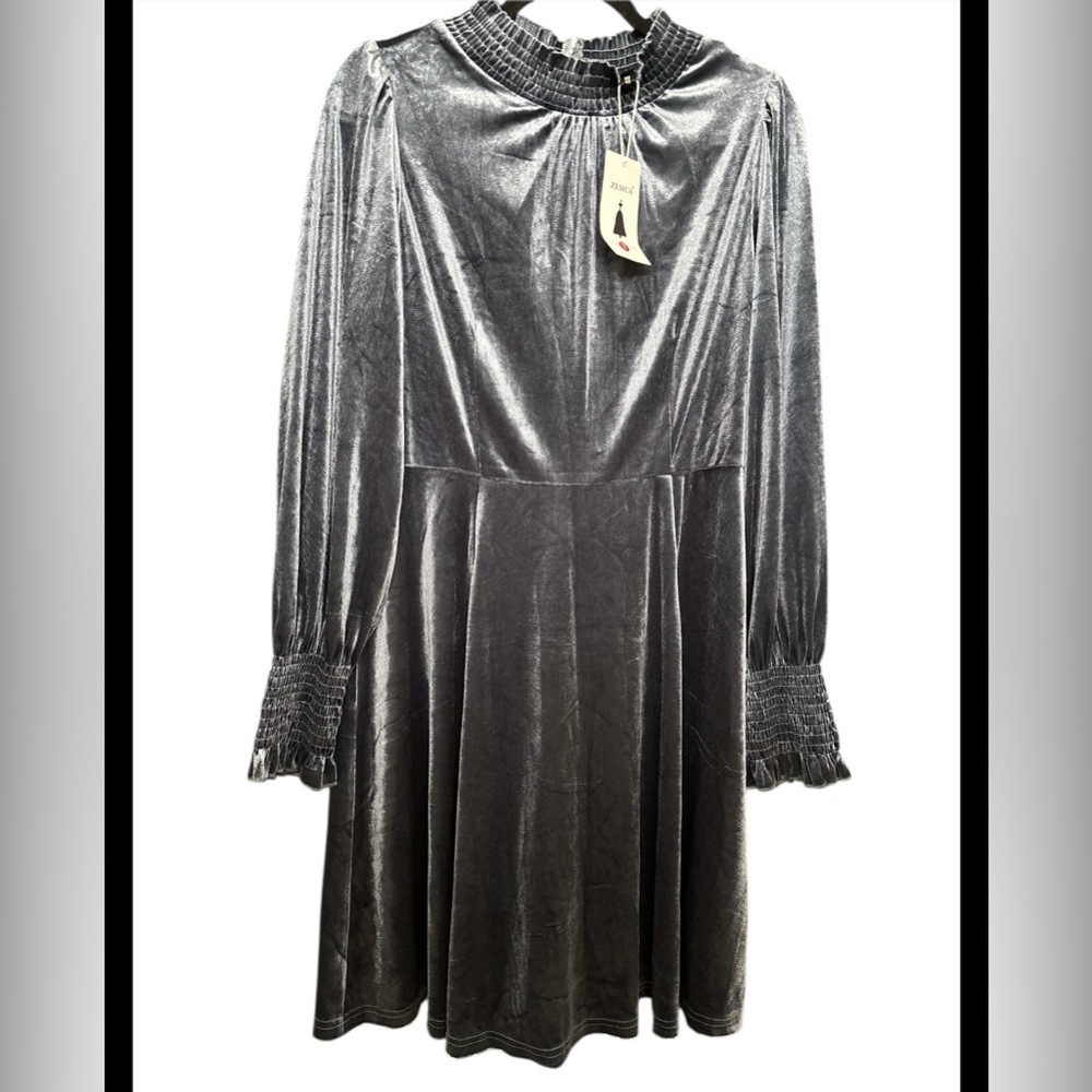 ZESICA Women's Velvet Mini Dresses Spring Long Sleeve High Neck Elastic E24 - Picture 6 of 8